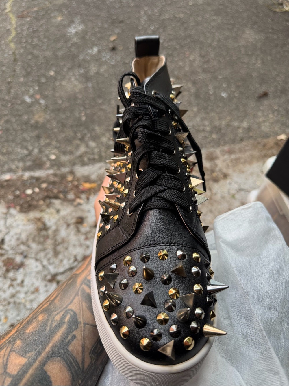 Christian Louboutin Black Leather Studded High-Top Sneakers